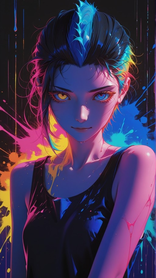 A digital illustration of a young woman with short dark hair streaked with blue and yellow. She has heterochromia, one golden eye and one blue eye, and wears a black tank top against a background of colorful paint splatters.