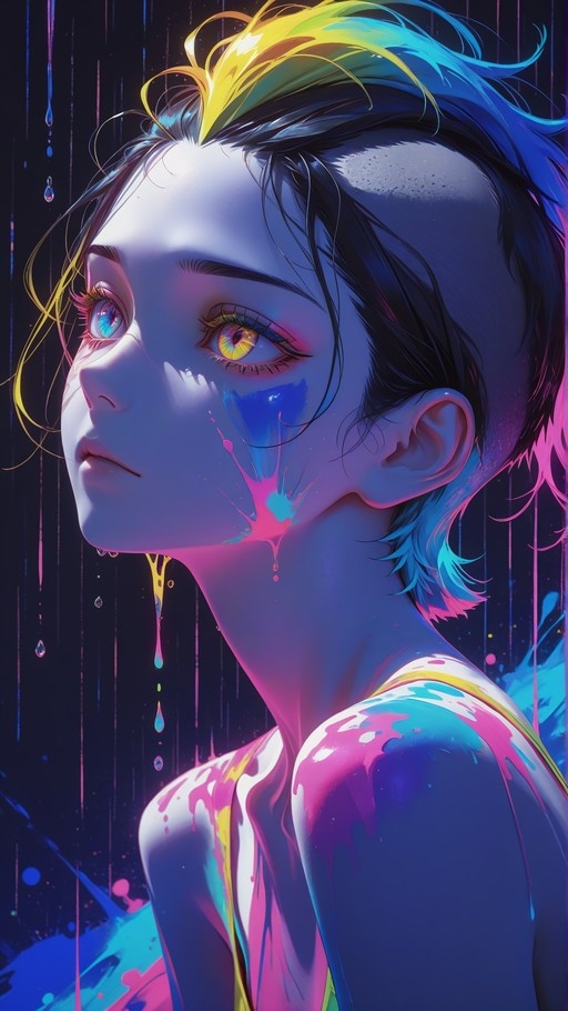 A side profile of a young woman with short multi-colored hair and heterochromatic eyes, her face and shoulders covered in dripping pink and blue paint.