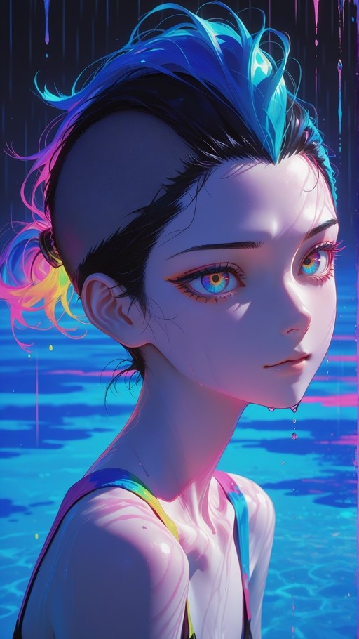 A digital portrait of a girl with short blue hair and pink streaks, wet skin, and large multicolored eyes, set against a neon blue background with rain effects.