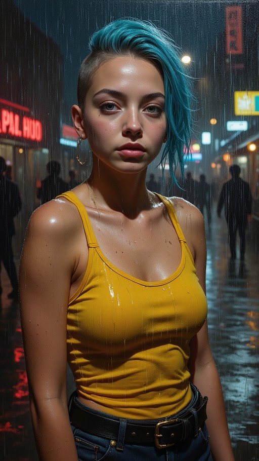 A young woman with blue hair and a yellow tank top stands in the rain at night, looking at the camera with city lights behind her.