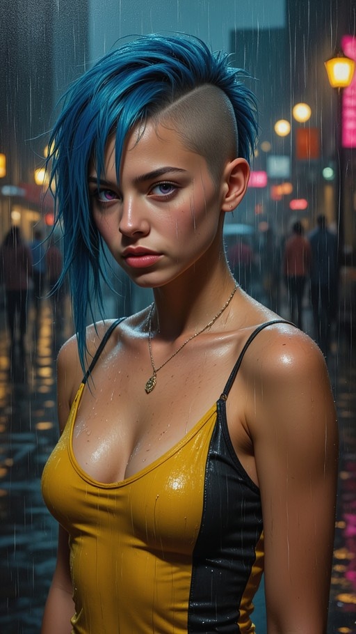 A dark-skinned woman with blue undercut hair and purple eyes stands in the rain wearing a wet yellow tank top.
