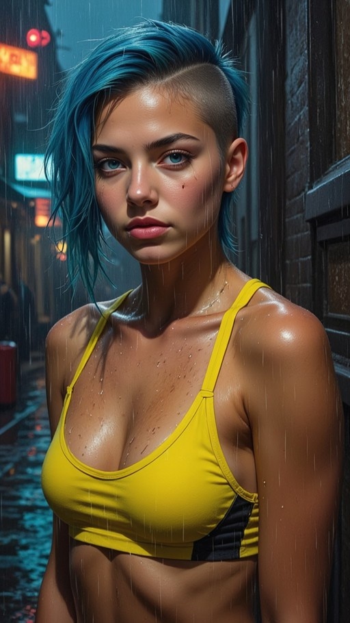 A dark-skinned woman with short blue undercut hair and a yellow sports bra stands in the rain at night.