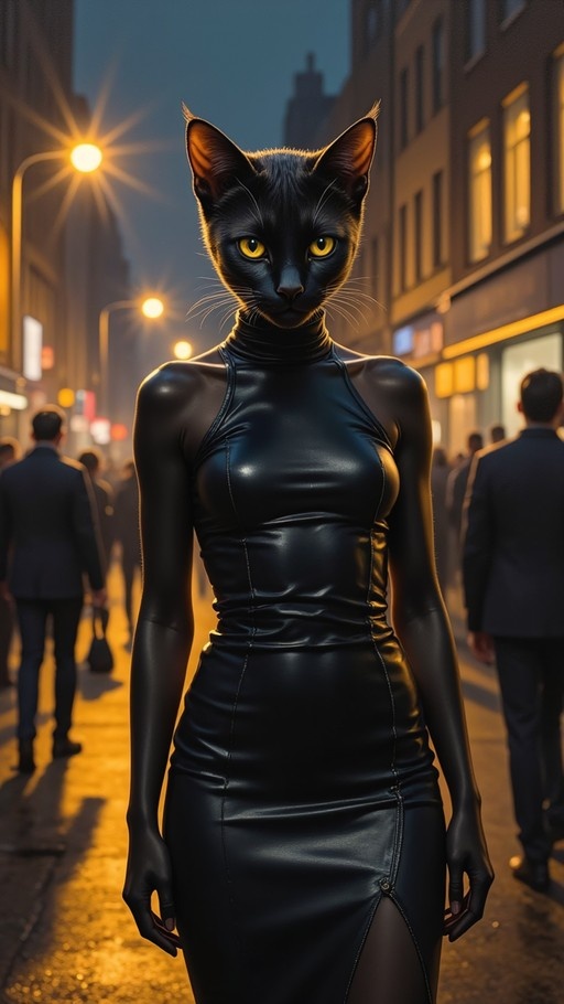 A black cat-headed woman with yellow eyes stands on a city street at night wearing a tight shiny black dress.