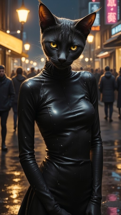 Anthropomorphic black cat girl with yellow eyes in a shiny black dress standing on a wet city street at night.