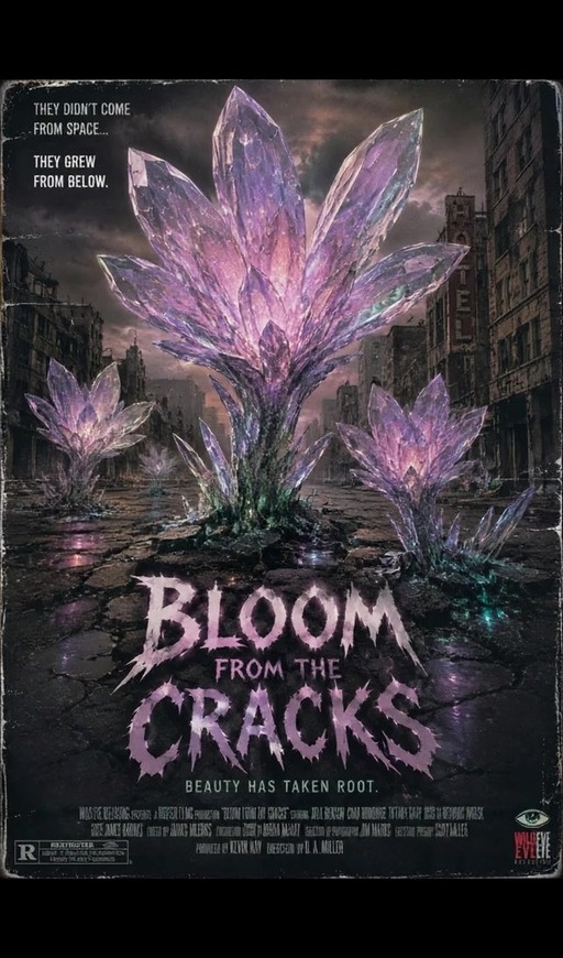 A movie poster for 'Bloom from the Cracks' showing giant crystal flowers in a ruined city, followed by a superhero in a red and blue suit eating a banana in a kitchen.