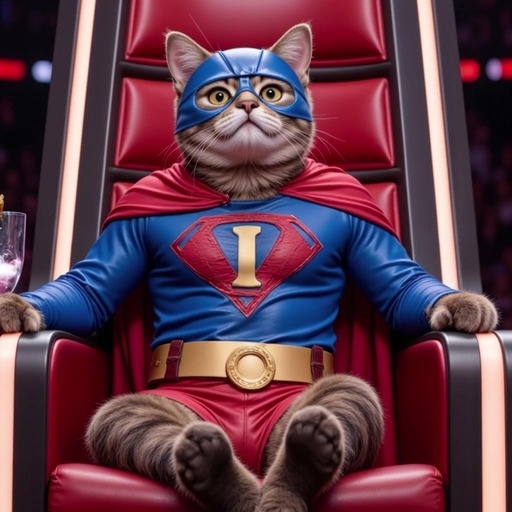 A tabby cat wearing a superhero costume sits in a red chair and later at a judges' desk holding a cocktail and pressing a buzzer button.
