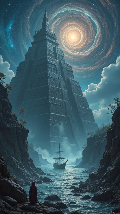 A red-cloaked figure stands on rocks near water, looking at a large sailing ship and a giant stone tower under a spiral galaxy sky.