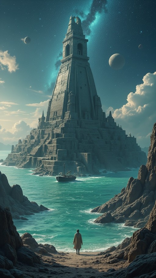 A cloaked figure stands on a rocky shore gazing at a massive ancient tower rising from the sea under a starry sky with multiple moons.