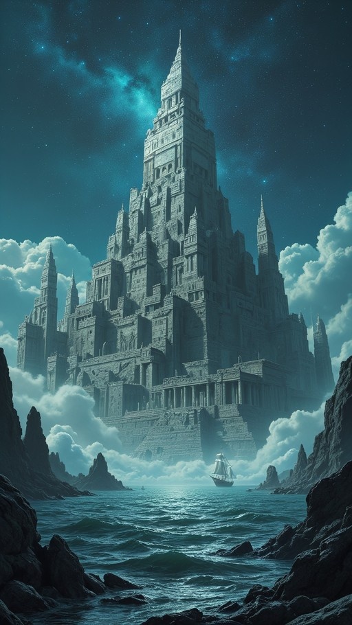 A massive stone castle rises from the sea under a starry night sky with a small boat nearby.