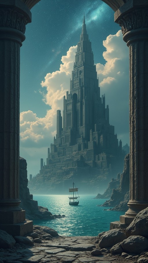 A tall dark gothic tower stands on a rocky cliff overlooking the ocean, viewed through the frame of two large stone pillars in an ancient ruin.