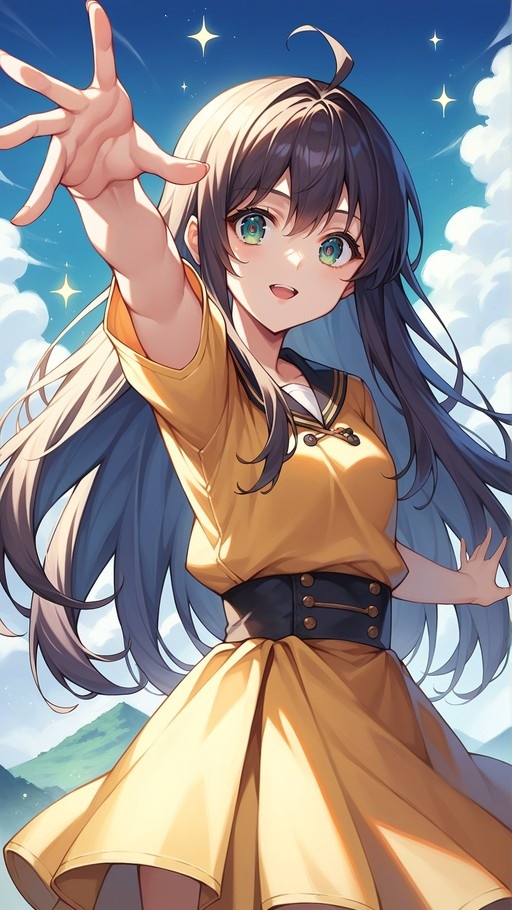 An anime-style illustration of a smiling girl with long dark hair and green eyes wearing a yellow sailor dress, reaching her hand out towards the viewer against a bright blue sky with clouds.