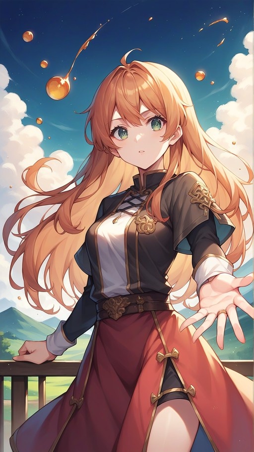 Anime-style illustration of Amber from Genshin Impact with long orange hair and green eyes, wearing a red skirt and dark jacket, reaching toward the viewer as glowing golden orbs float in the air against a blue sky.