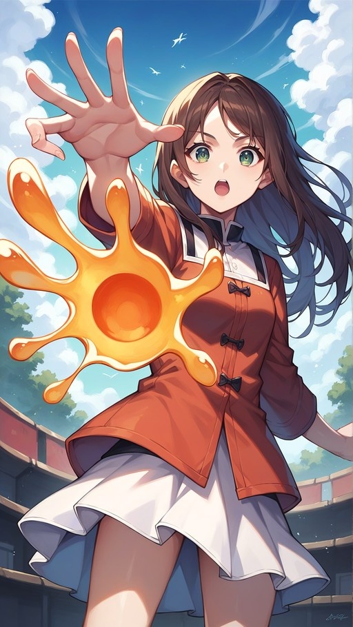 An anime girl with long brown hair and a red jacket casts a large orange fireball towards the viewer against a blue sky background.