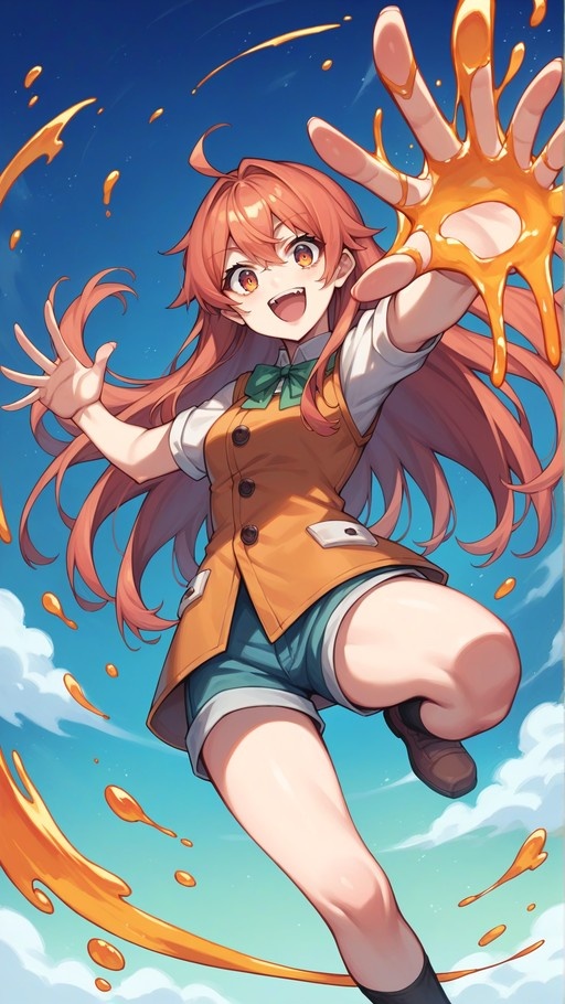 Eris Greyrat from Mushoku Tensei leaping through a blue sky in a school uniform with an orange vest and green bowtie, reaching toward the viewer as orange liquid splashes around her hands.