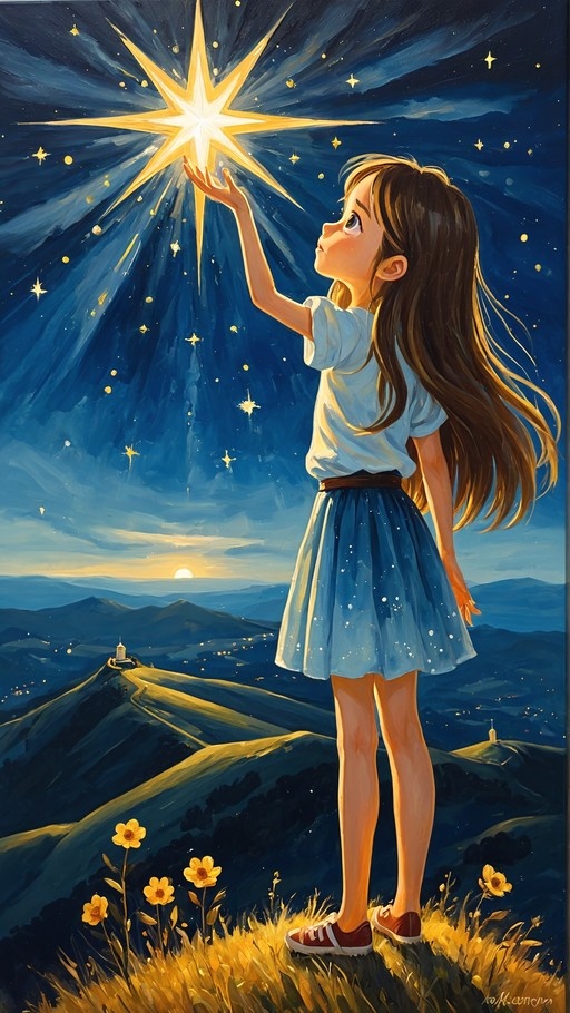 A young girl in a blue skirt reaches up to touch a large glowing star in the night sky while standing on a grassy hill with yellow flowers.