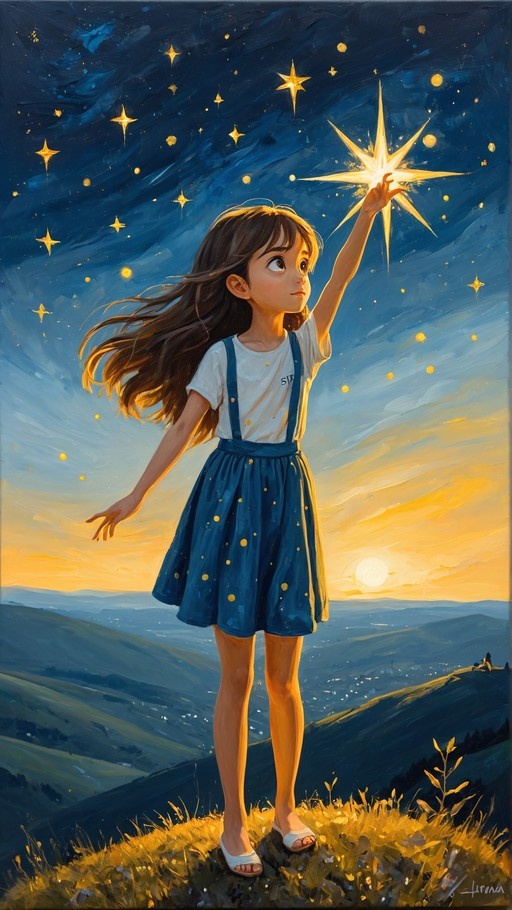 A young girl with long brown hair stands on a grassy hill at dusk, reaching up to touch a large glowing star in a deep blue sky.