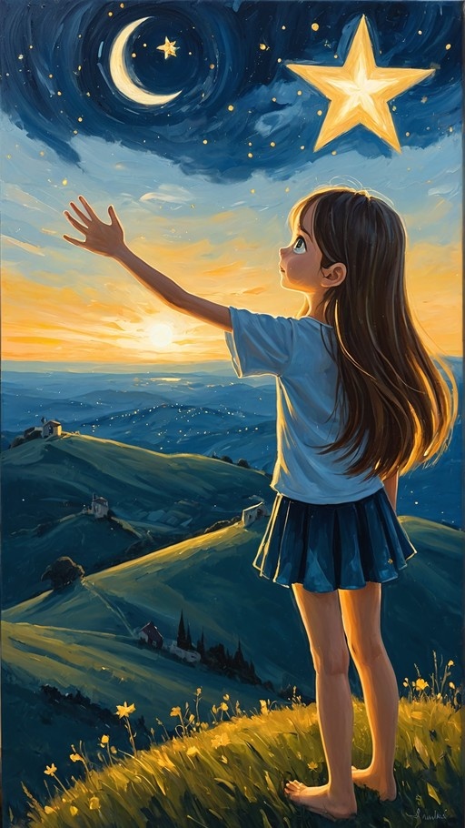 A barefoot girl with long brown hair stands on a grassy hill reaching toward a large glowing star in a sky blending sunset and night.
