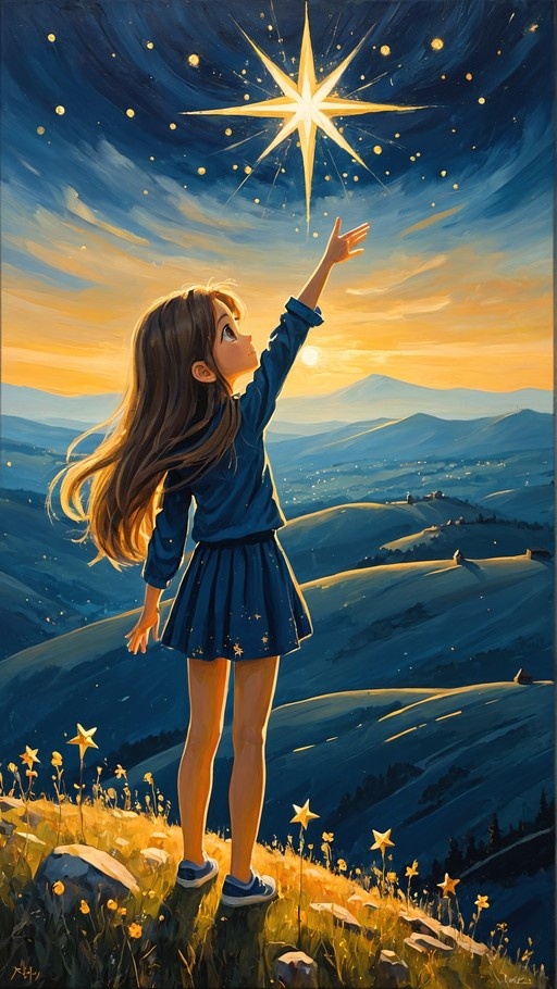 Anime-style girl with long brown hair and a blue outfit standing on a grassy hill, reaching her hand toward a large glowing golden star in a twilight sky over rolling mountains.