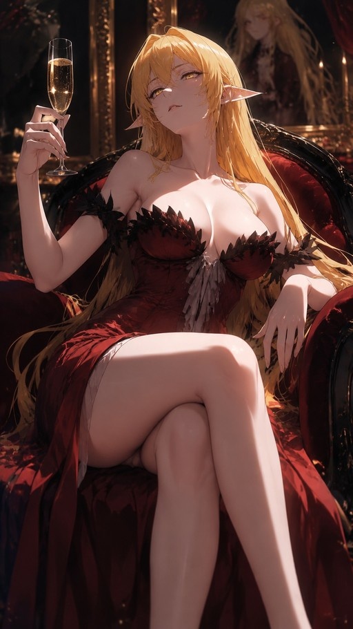 Shinobu Oshino sitting in a red dress holding a champagne flute