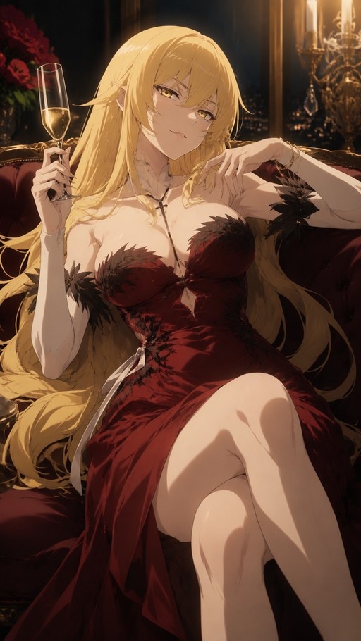 Oshino Shinobu from Monogatari series sitting on a couch in a red dress with black feathers, holding a champagne flute and smiling.