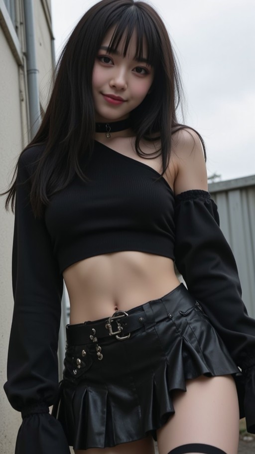 A young Asian woman with long dark hair and bangs stands outdoors wearing a black one-shoulder crop top, a black leather mini skirt with a thick belt, and a choker necklace.