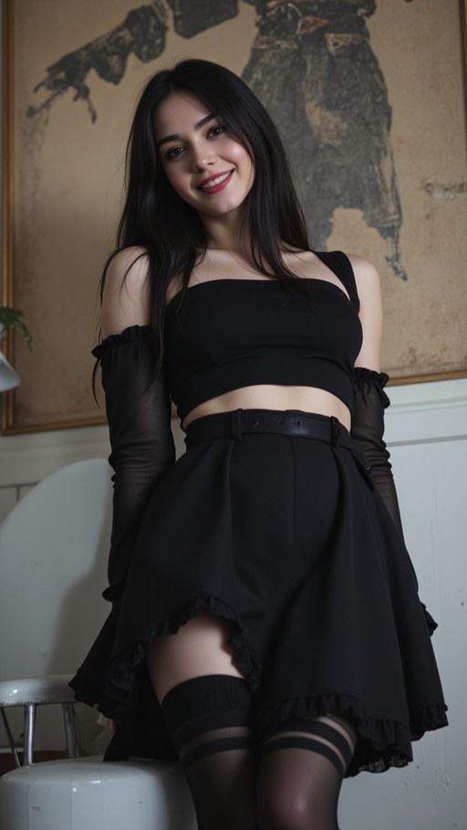 A smiling young woman with long black hair wearing a black crop top, detached sleeves, and a ruffled skirt sits on a white stool indoors.