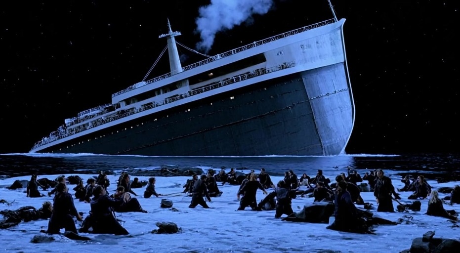 A character in a red and blue cat-eared superhero suit sits in a wooden rowboat holding an oar, watching a large ship sink into the ocean at night under a starry sky.