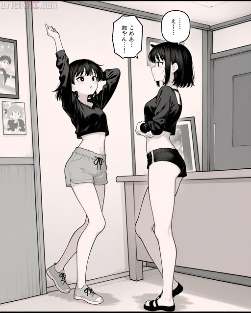 Monochrome manga illustration of two anime girls in a bedroom; one poses energetically in a black crop top and grey shorts while the other with short hair watches in a matching outfit.