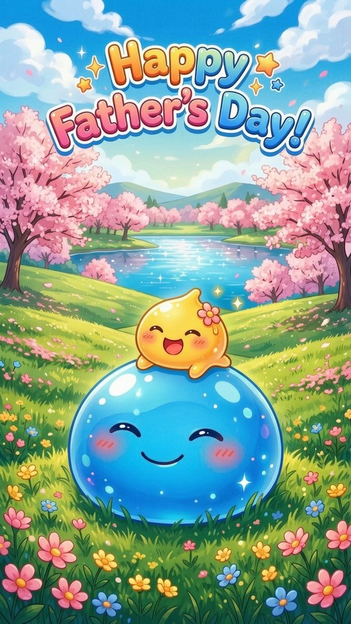 A large blue slime and a small yellow slime with a flower on its head smile happily in a grassy field of cherry blossoms and wildflowers near a river, with "Happy Father's Day!" written above them.