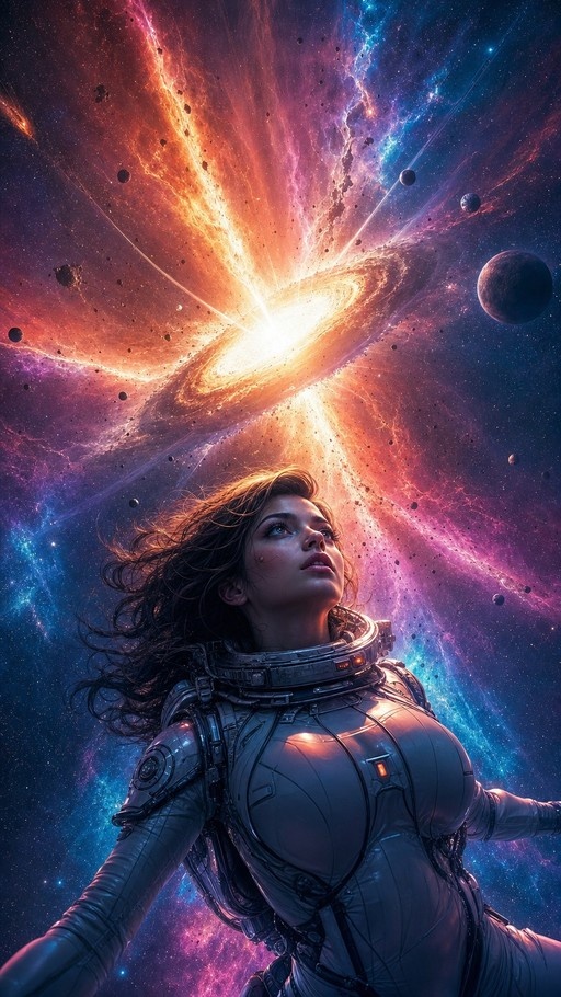 A female astronaut in a grey spacesuit looks up at a bright spiral galaxy and colorful nebula in deep space.