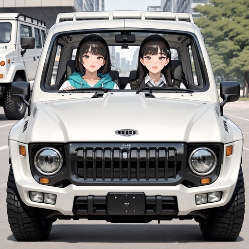Two anime-style girls with black hair sitting in the front seats of a white boxy SUV, looking directly at the camera against an outdoor city background.
