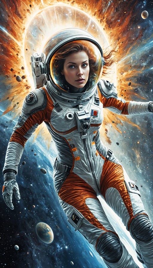 A female astronaut with brown hair and blue eyes floats in a detailed orange and white spacesuit against a starry cosmic background with planets.