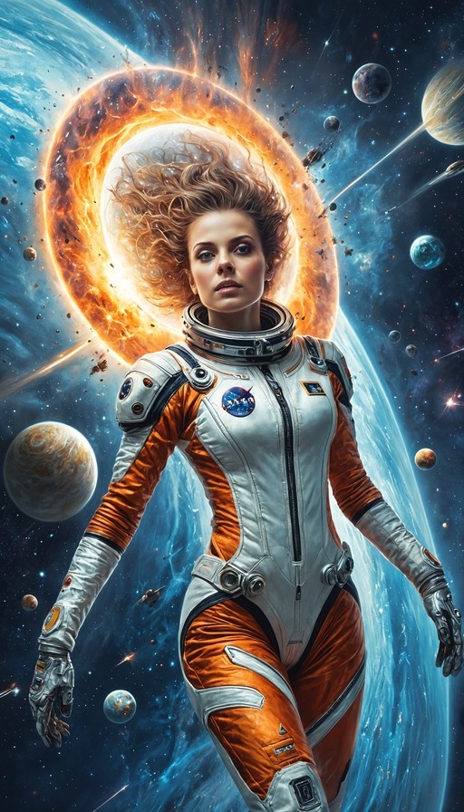 A female astronaut in an orange and white spacesuit floats in space with planets and a fiery ring behind her.