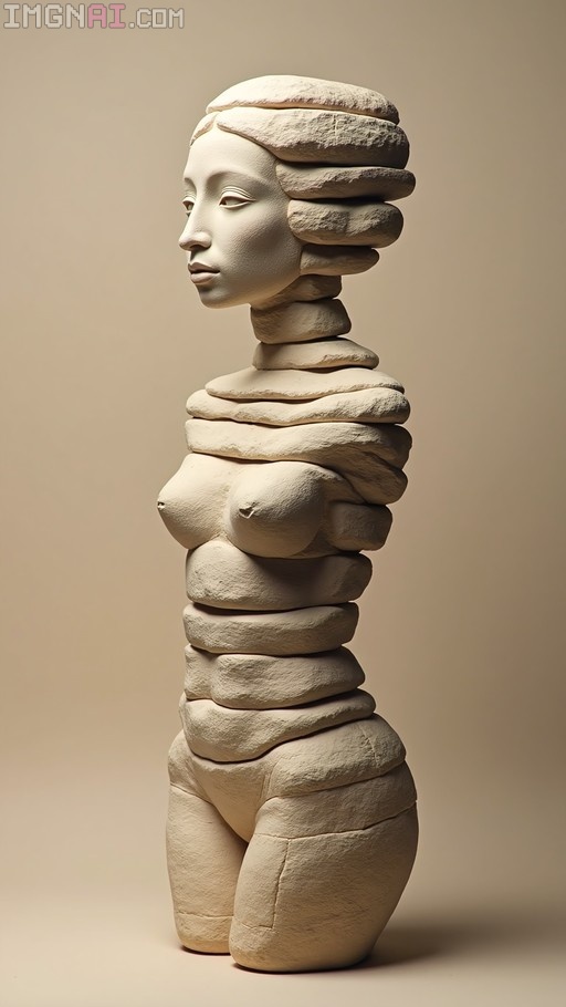 A side profile of a female statue made of stacked horizontal stone slabs with a smooth face against a beige background.