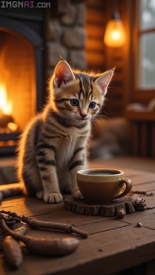 A fluffy tabby kitten sitting on a wooden table next to a cup of coffee with a fireplace in the background.
