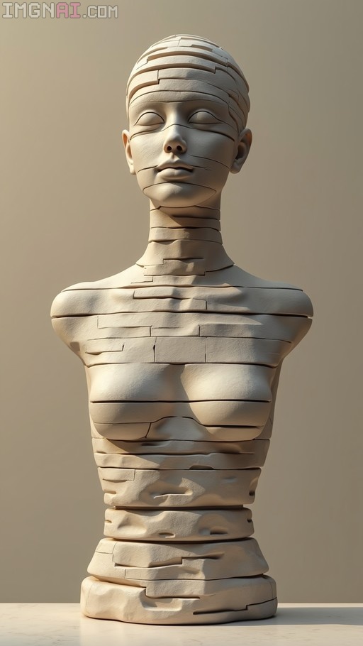 A bust made of stacked horizontal stone layers, featuring closed eyes and a calm expression against a neutral background.