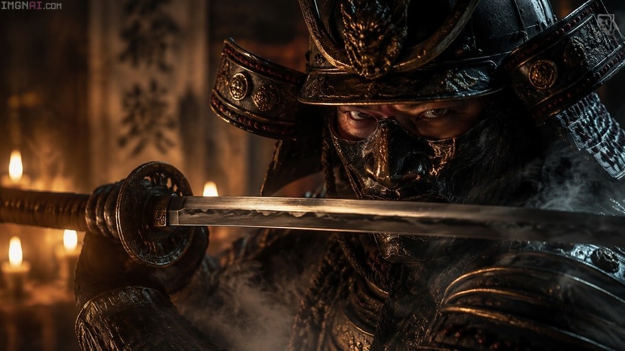 A close-up of a male samurai in black armor and a kabuto helmet holding a katana horizontally across the frame, illuminated by candlelight with smoke drifting around him.