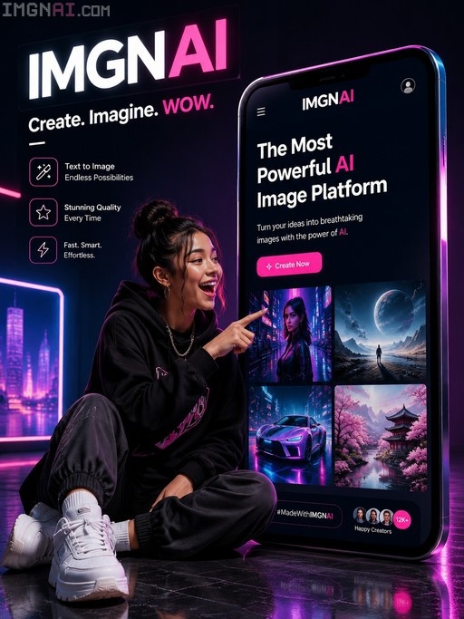 A young woman in a black hoodie points at a giant smartphone screen displaying an AI art platform with various generated images.