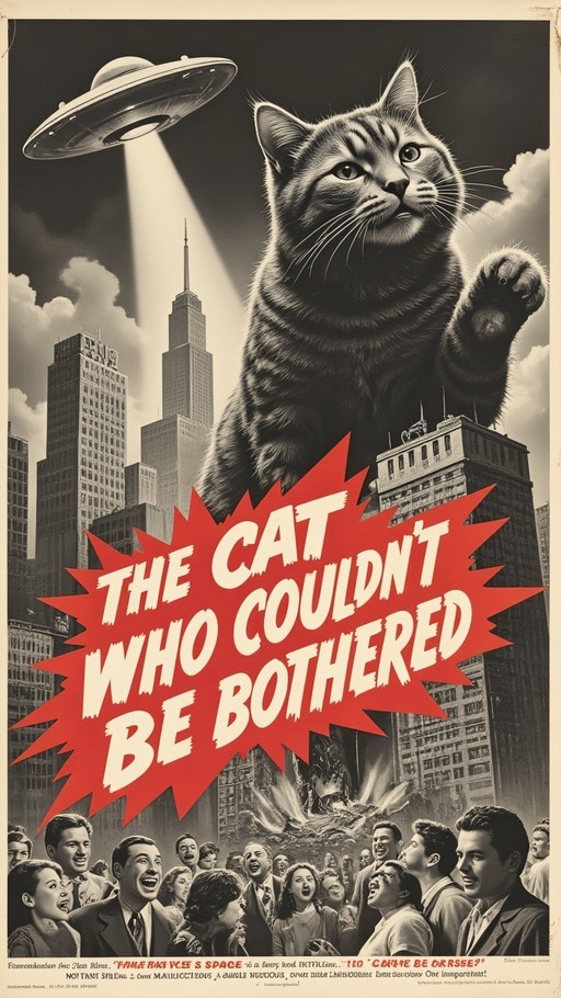 Retro movie poster of a giant tabby cat towering over a city skyline with a UFO, featuring the title "The Cat Who Couldn't Be Bothered" in red.