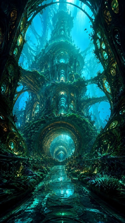 A vertical digital painting showing a colossal fantasy megastructure rising through deep blue water, featuring organic architecture, glowing tunnels, and intricate natural patterns.