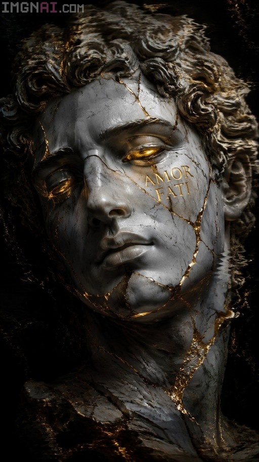 A close-up of a grey marble statue head with gold-filled cracks and glowing yellow eyes, featuring the text "AMOR FATI" on its cheek.