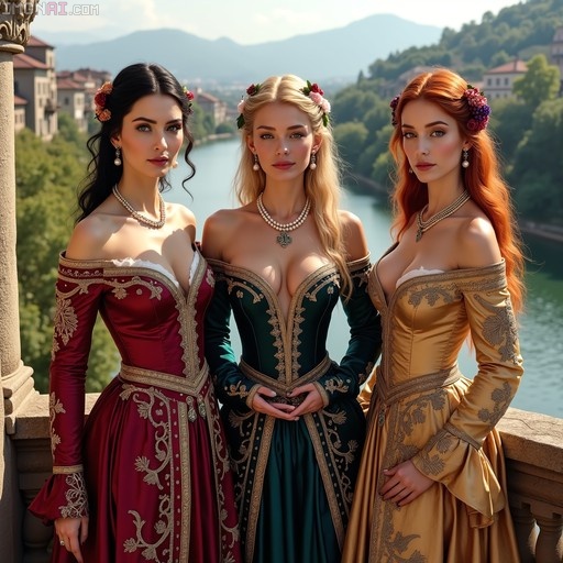 Three women in ornate red, green, and gold Renaissance-style dresses standing on a balcony with a river view.