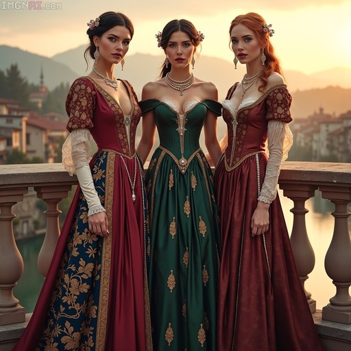 Three women in ornate medieval gowns standing on a balcony at sunset