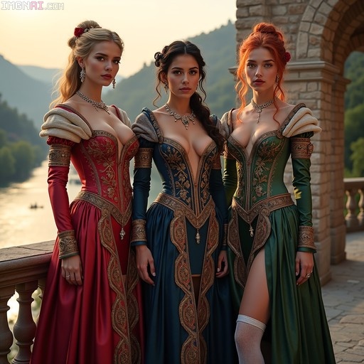 Three women in ornate red, blue, and green medieval gowns with gold trim stand together on a stone balcony overlooking a valley.