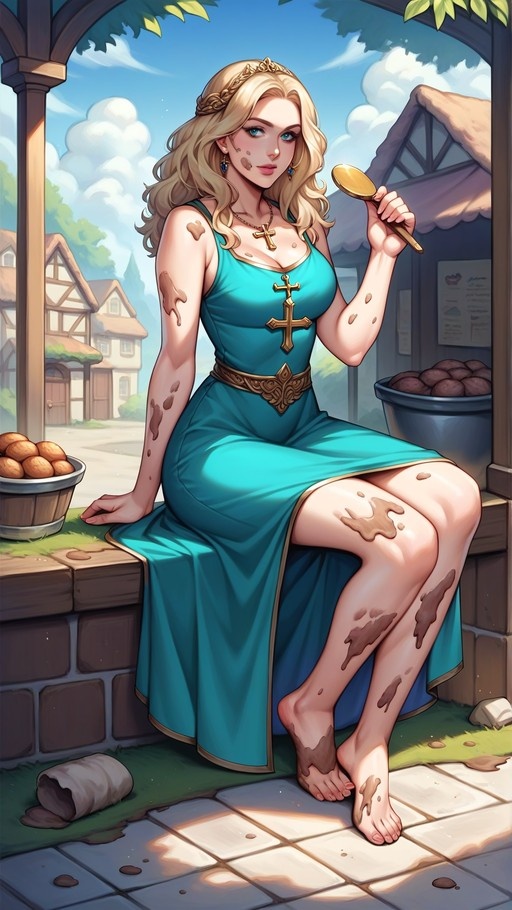 A blonde fantasy princess in a teal dress sits barefoot on a stone ledge, her skin covered in brown smudges as she holds a golden spoon.