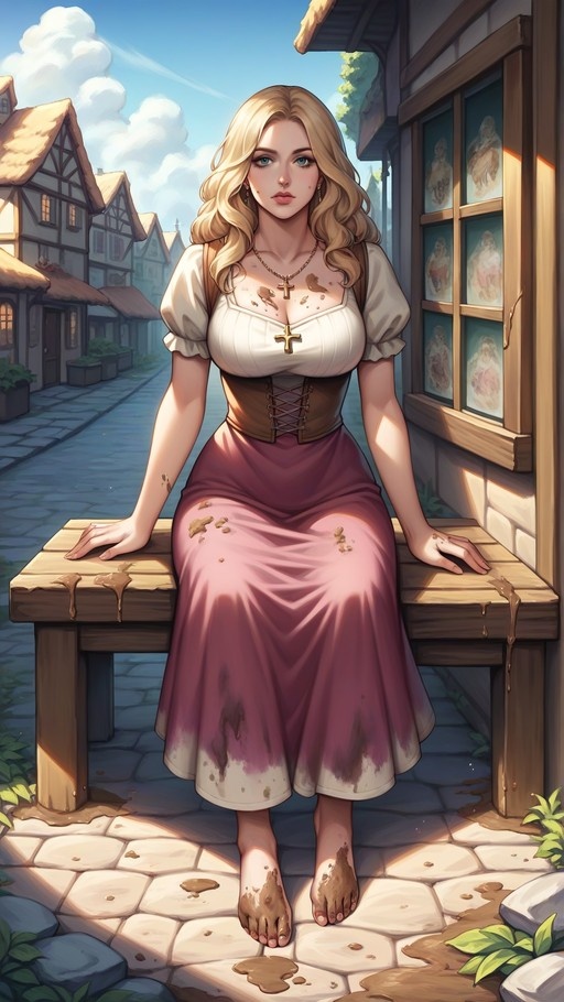 A full-body shot of a blonde woman in a white blouse and pink skirt sitting on a wooden bench outdoors. Her bare feet and the bottom of her dress are covered in mud, matching the muddy drips on the bench beside her. She wears a gold cross necklace and looks directly at the viewer against a backdrop.