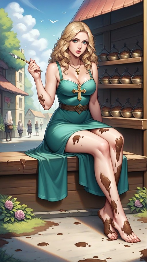A blonde woman in a teal dress sits on a wooden bench, her bare legs covered in brown stains, holding a paintbrush against a village backdrop.