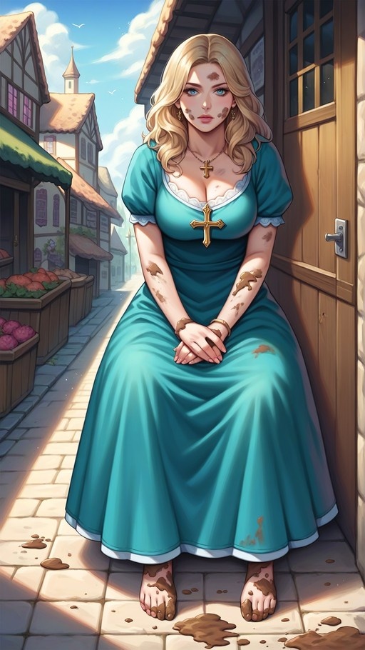 A full-body digital illustration of a blonde woman in a teal gown with a large gold cross, sitting barefoot and covered in mud on a cobblestone street.