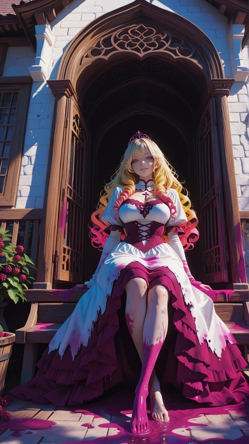 An anime-style princess with long blonde drill curls sits barefoot on stone steps in front of a large wooden door, wearing a white and magenta gown splattered with pink liquid.