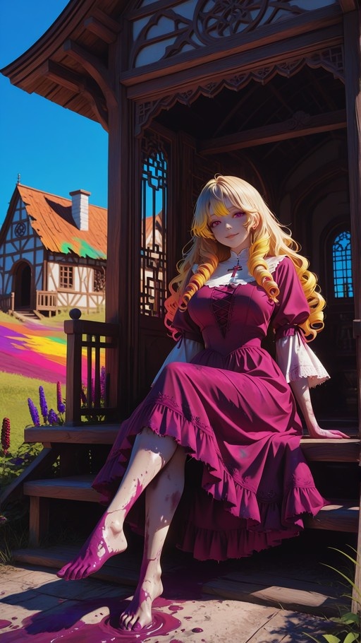 An anime girl with blonde drill hair and a magenta dress sits barefoot on wooden steps with purple liquid around her feet, set against a sunny outdoor background.